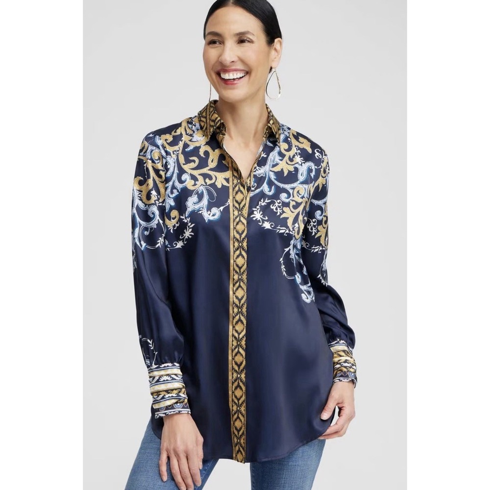 Chico's 3 = 16 XL Ruched Cuff Placed Print Blouse Navy Tunic